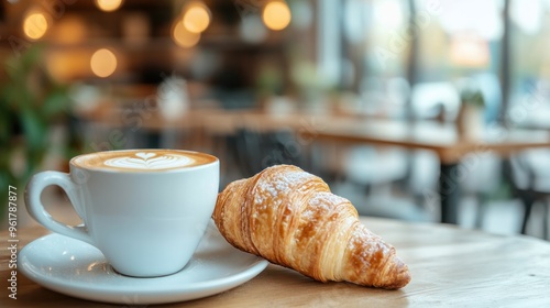 Cappuccino and Croissant on a Table in a Cafe