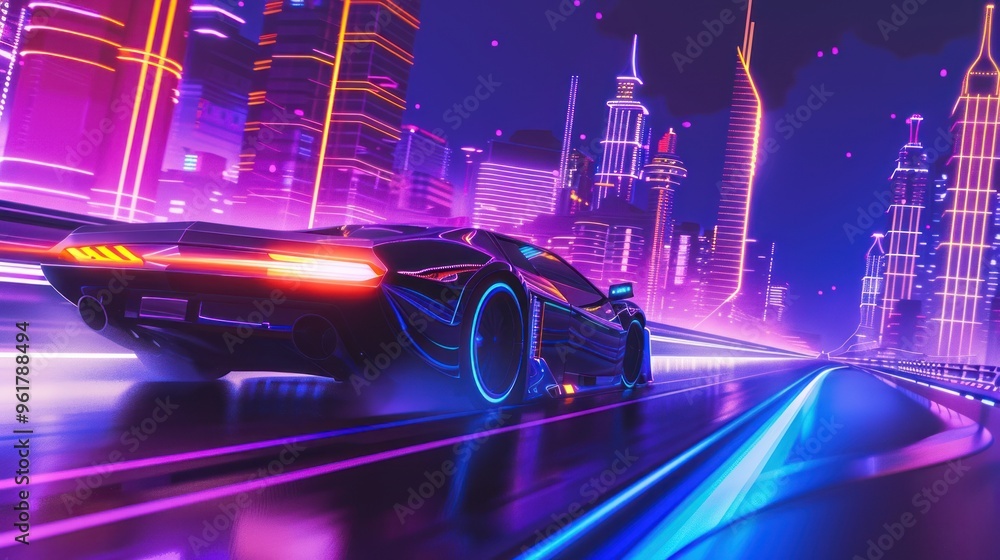 Fototapeta premium Neon City Nightscape with a Fast Car