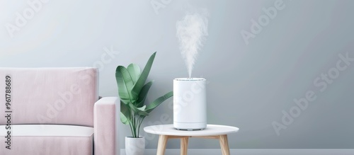 Wallpaper Mural Modern humidifier, sleek and white, on side table in a minimalist living room, emitting gentle mist to enhance air quality and create comfortable atmosphere. Torontodigital.ca
