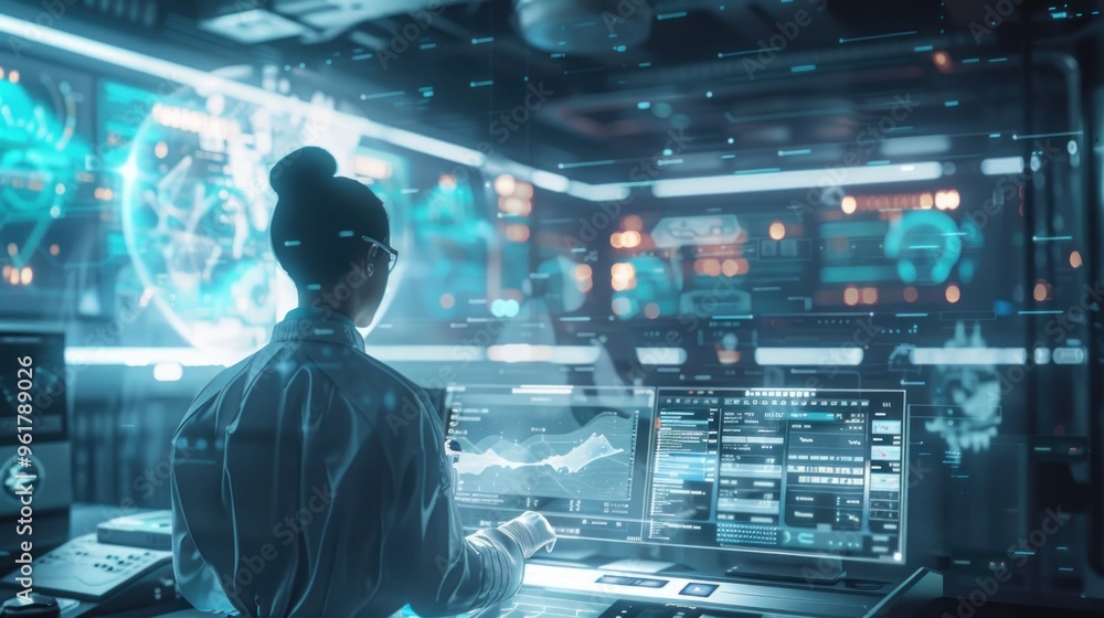 A scientist analyzes data in a futuristic control room with holographic displays. A scientist analyzes data in a futuristic control room with holographic displays.