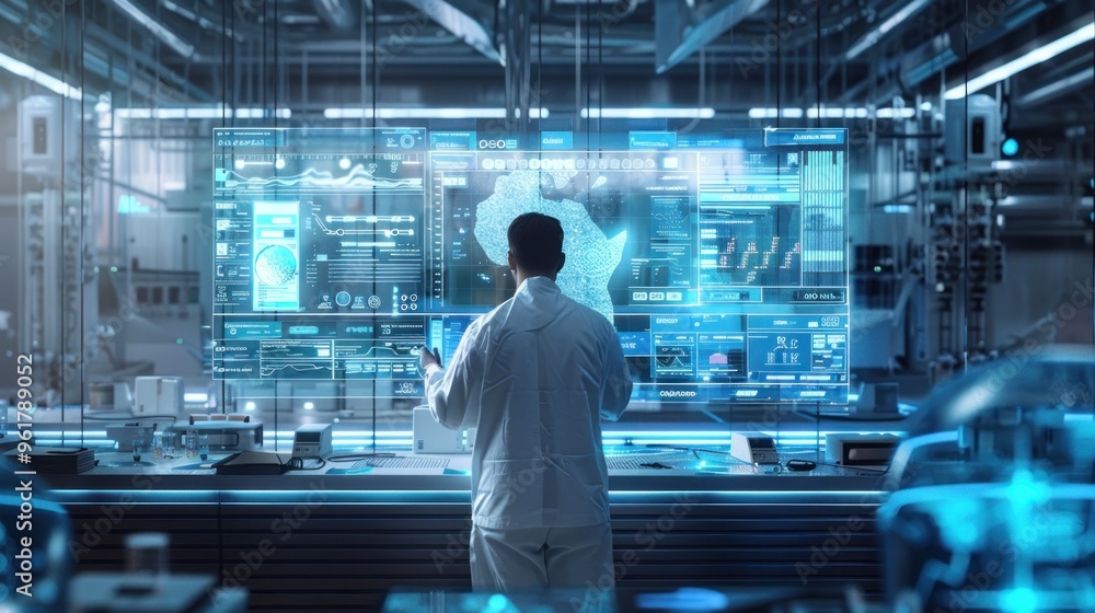 A scientist analyzes data on a futuristic interface in a high-tech laboratory. A scientist analyzes data on a futuristic interface in a high-tech laboratory.