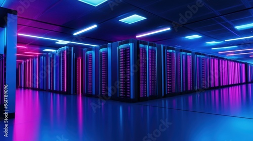 A futuristic data center illuminated by vibrant blue and pink neon lights showcases the vast network of servers powering the digital world. photo