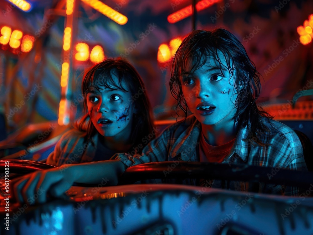Two children look amazed and slightly scared while riding a colorful, illuminated amusement park attraction at night. Two children look amazed and slightly scared while riding a colorful, illuminated amusement park attraction at night.
