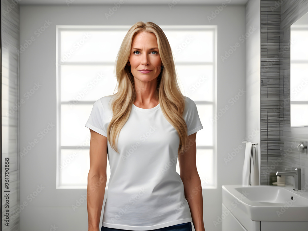 Long blond hair white 55 year old woman in bright bathroom in simple white tshirt mockup Long blond hair white 55 year old woman in bright bathroom in simple white tshirt mockup