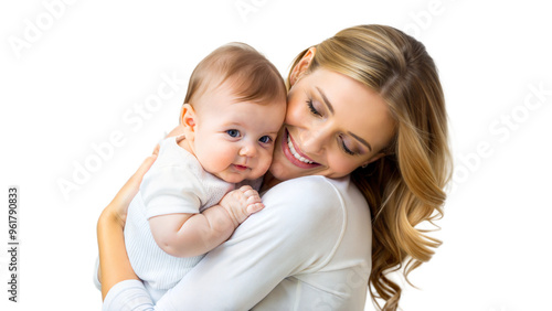 Smiling mother holding her baby close photo