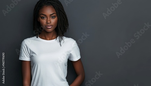 Confident woman with dreadlocks in casual white t-shirt against grey background