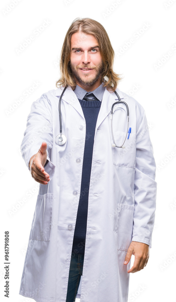 Young handsome doctor man with long hair over isolated background smiling friendly offering handshake as greeting and welcoming. Successful business. Young handsome doctor man with long hair over isolated background smiling friendly offering handshake as greeting and welcoming. Successful business.
