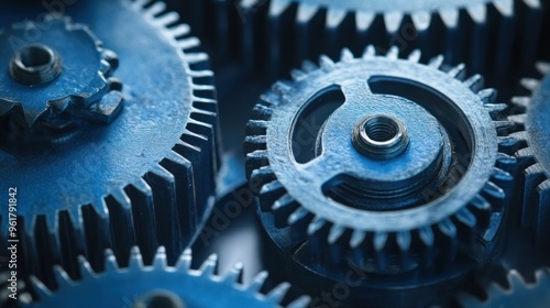 Close-up of interlocking metal gears showcasing mechanical precision and engineering design.