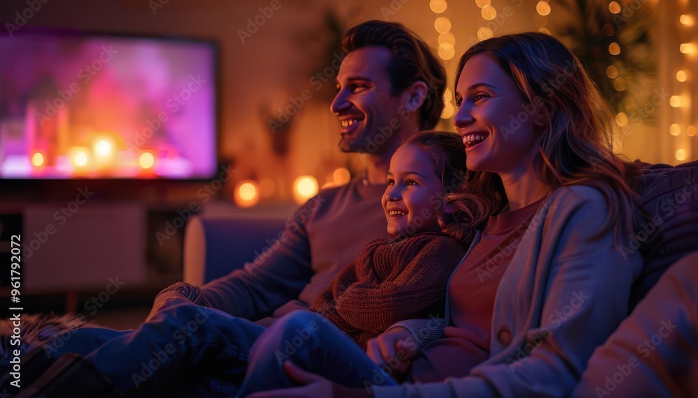 Happy family enjoying movie night together in cozy living room with warm lighting and candles, creating a relaxing atmosphere. Happy family enjoying movie night together in cozy living room with warm lighting and candles, creating a relaxing atmosphere.