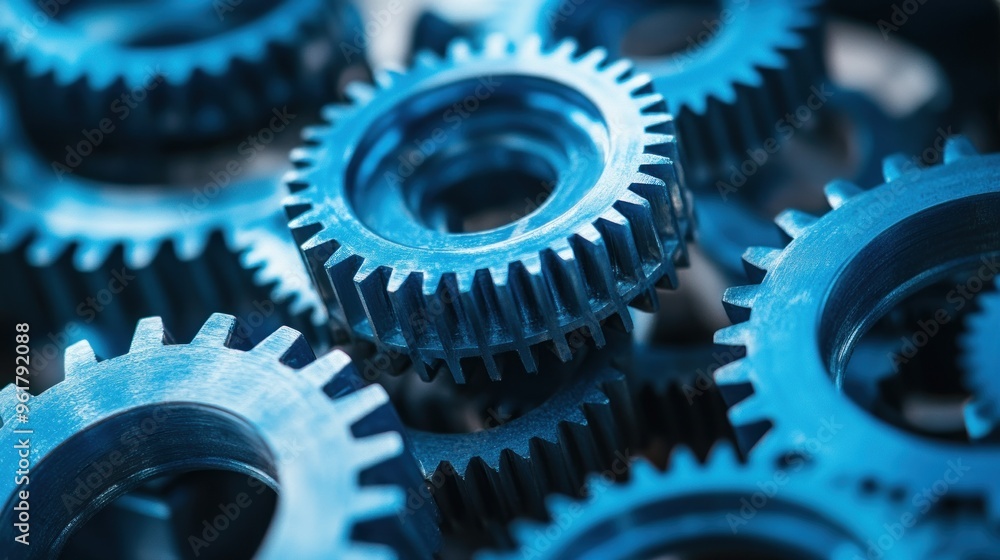 A close-up of blue metallic gears, showcasing intricate designs for mechanical applications. A close-up of blue metallic gears, showcasing intricate designs for mechanical applications.