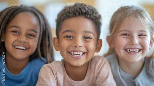 Fröhliche, diverse Schulkinder im Unterricht. Multikulturelle Klasse, positive Lernatmosphäre. Inklusion, Bildung. Authentische Interaktion. Heller Klassenraum. Lifestyle, Zukunft photo