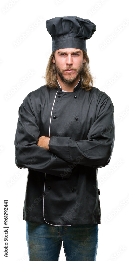 Young handsome cook man with long hair over isolated background skeptic and nervous, disapproving expression on face with crossed arms. Negative person. Young handsome cook man with long hair over isolated background skeptic and nervous, disapproving expression on face with crossed arms. Negative person.