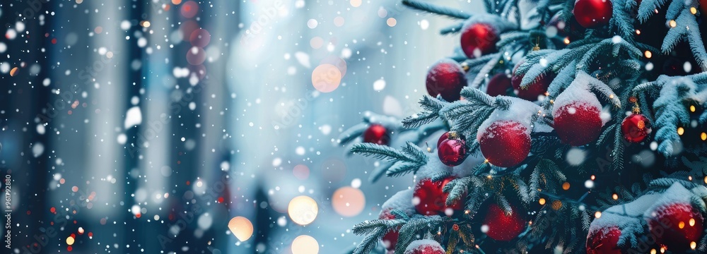 Christmas tree with decorations and burning fireplace on wooden table, blurred background. Christmas tree with decorations and burning fireplace on wooden table, blurred background.