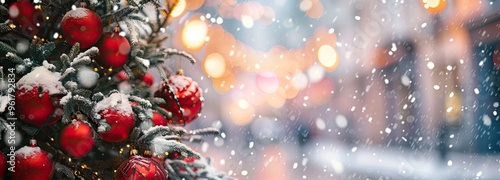 Christmas tree with decorations and burning fireplace on wooden table, blurred background.