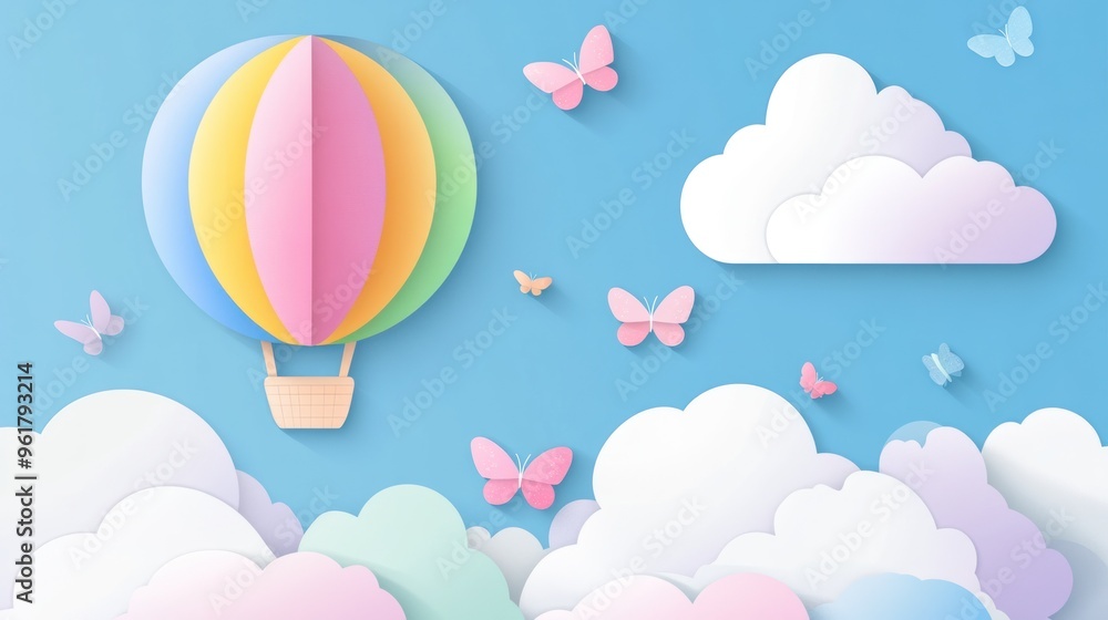 Obraz premium Colorful paper cut sky with hot air balloon,clouds and rainbow landscape background. AI generated