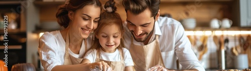 Happy family cooking together in the kitchen, showing love and joy while baking with parents and child. Perfect for family and lifestyle themes.