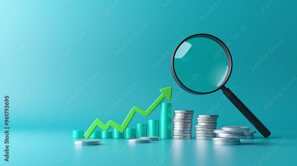 Concept of financial growth with coins, a rising chart, and a magnifying glass symbolizing analysis and investment. Concept of financial growth with coins, a rising chart, and a magnifying glass symbolizing analysis and investment.