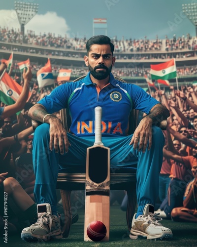 Man, cricketer sitting confidently in stadium, with bat and ball, embodying spirit of India cricketing pride, fans cheer him on from the stands. photo