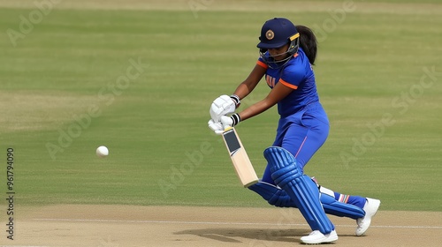 Female cricketer in blue uniform in motion on stadium, running , showcasing the blend of technique and timing in the sport. photo