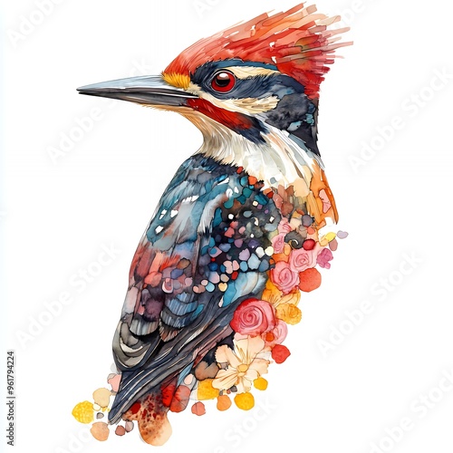 Watercolor illustration of a woodpecker with flowers and leaves. photo