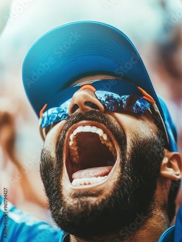 Close-up of cricketer yelling in triumph, sunglasses reflecting the cheering crowd, capturing the raw emotion of victory. photo