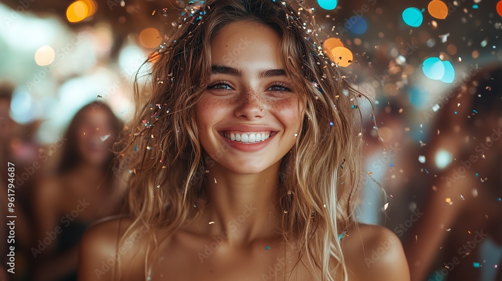 A young woman smiles brightly while celebrating with friends at a festive outdoor party surrounded by colorful lights and confetti A young woman smiles brightly while celebrating with friends at a festive outdoor party surrounded by colorful lights and confetti