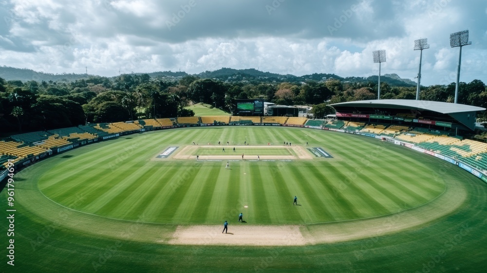 Wide view of cricket stadium during match. Cricket match in progress at stadium with lush green pitch, players in action, and crowd watching from stands. Wide view of cricket stadium during match. Cricket match in progress at stadium with lush green pitch, players in action, and crowd watching from stands.
