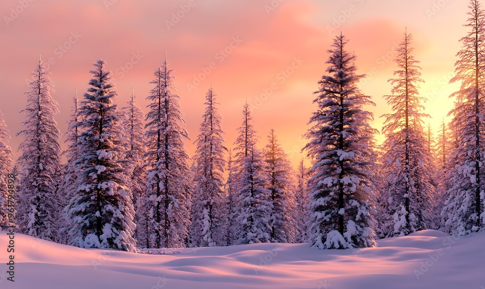 Snow-Covered Pine Forest at Sunset Snow-Covered Pine Forest at Sunset
