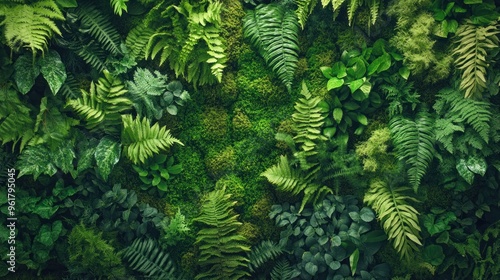 Top view green moss forest nature texture background. AI generated