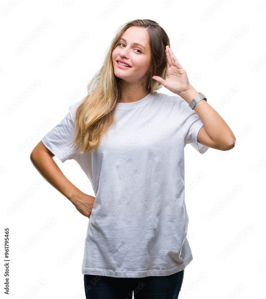 Young beautiful blonde woman wearing casual white t-shirt over isolated background smiling with hand over ear listening an hearing to rumor or gossip. Deafness concept. Young beautiful blonde woman wearing casual white t-shirt over isolated background smiling with hand over ear listening an hearing to rumor or gossip. Deafness concept.
