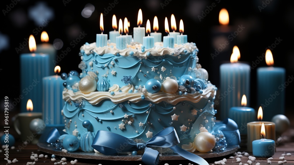 a birthday cake adorned with lit candles, set against a cheerful blue background. a birthday cake adorned with lit candles, set against a cheerful blue background.