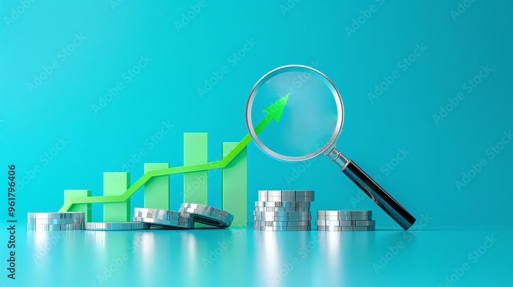This image showcases a growth chart with coins and a magnifying glass, symbolizing financial analysis and investment opportunities. This image showcases a growth chart with coins and a magnifying glass, symbolizing financial analysis and investment opportunities.