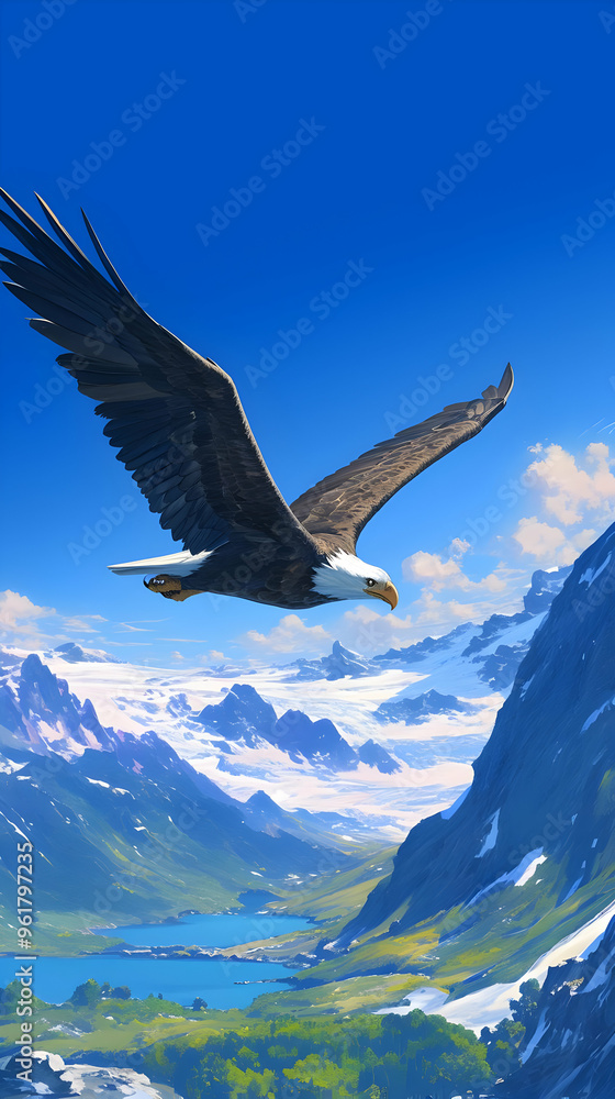 Fototapeta premium A majestic eagle soaring high in the sky, with its wings spread wide and its sharp eyes focused, set against a clear blue sky with distant mountain ranges