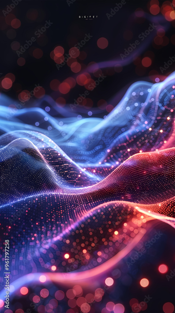 Fototapeta premium Background design with abstract waves of particles. Abstract wave moving dots flow particles, brochure background design with hi-tech elements and big data