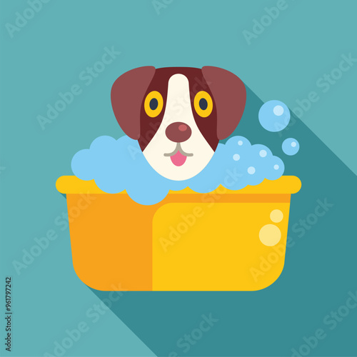 Happy dog is taking a bath full of soap bubbles in a yellow basin