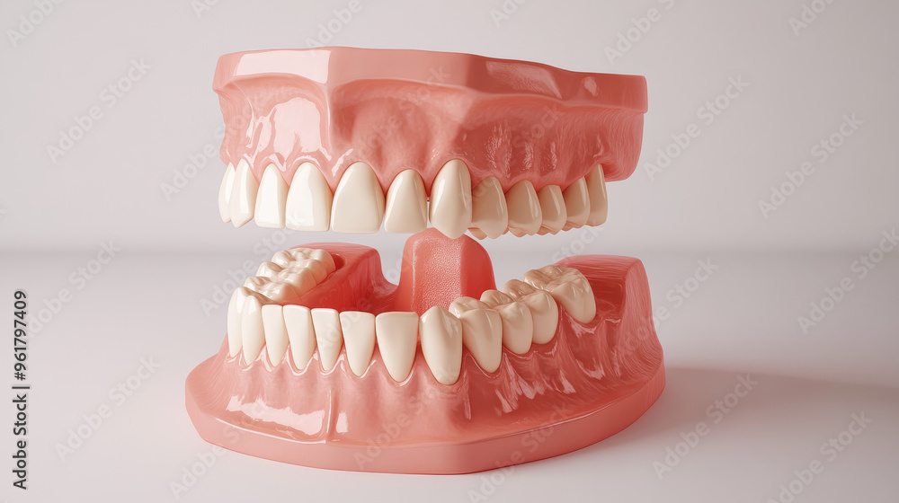 Obraz premium This 3D model shows how dental implants and real teeth are positioned in the jawbone. It's a helpful image for explaining dental implants on websites and social media.
