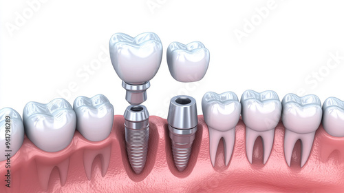 This image shows a dental implant procedure. It includes a cut for the implant, a healthy tooth, and a realistic implant and crown. It's part of a dentistry collection.
