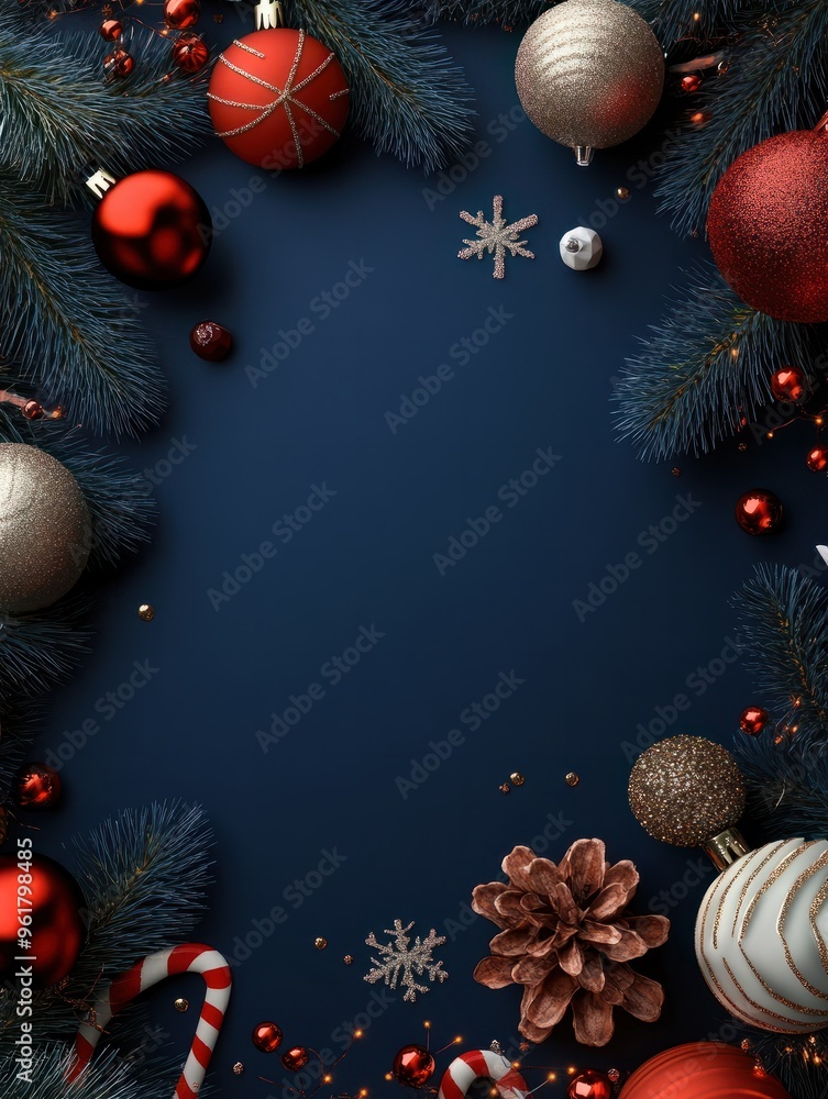 Christmas themed construction background with various decorations on dark blue backdrop for advertising and web design Christmas themed construction background with various decorations on dark blue backdrop for advertising and web design