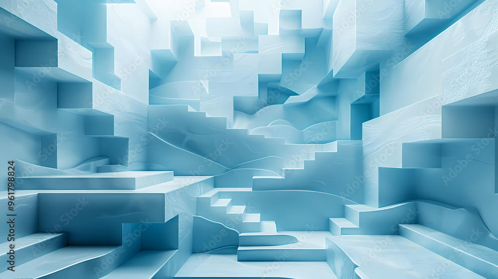 Fototapeta premium very elaborate and abstract 3d stairway with many boxes in paper cut style, in the style of light indigo,photostock style