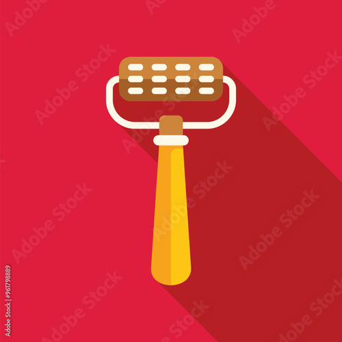 Simple flat design of a wooden roller massager with a long shadow on a red background
