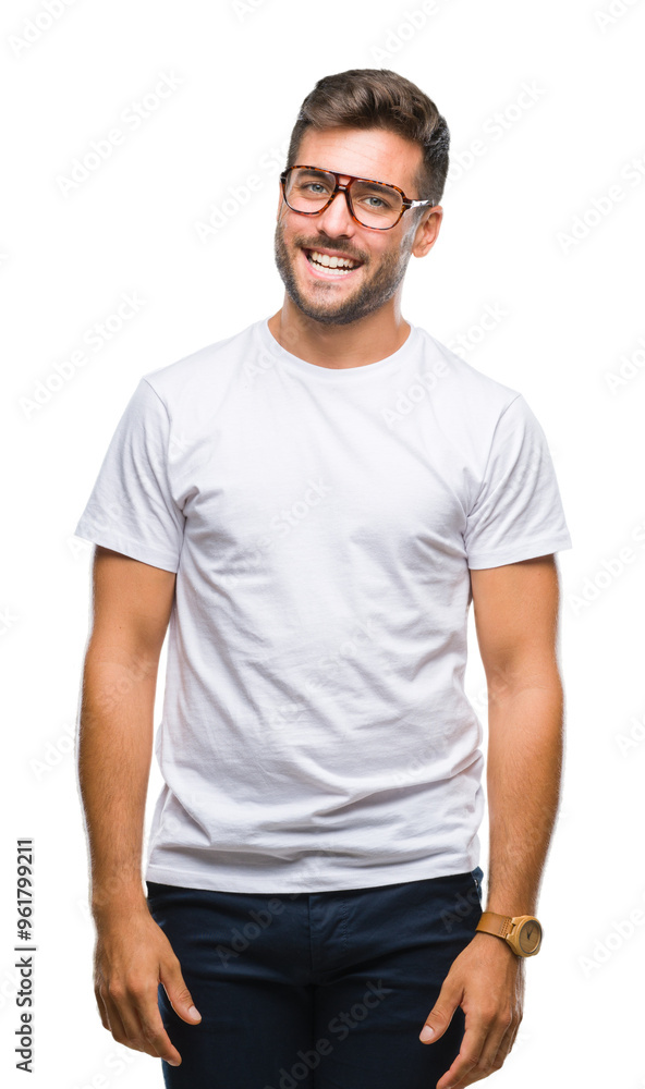 Young handsome man wearing glasses over isolated background looking away to side with smile on face, natural expression. Laughing confident. Young handsome man wearing glasses over isolated background looking away to side with smile on face, natural expression. Laughing confident.