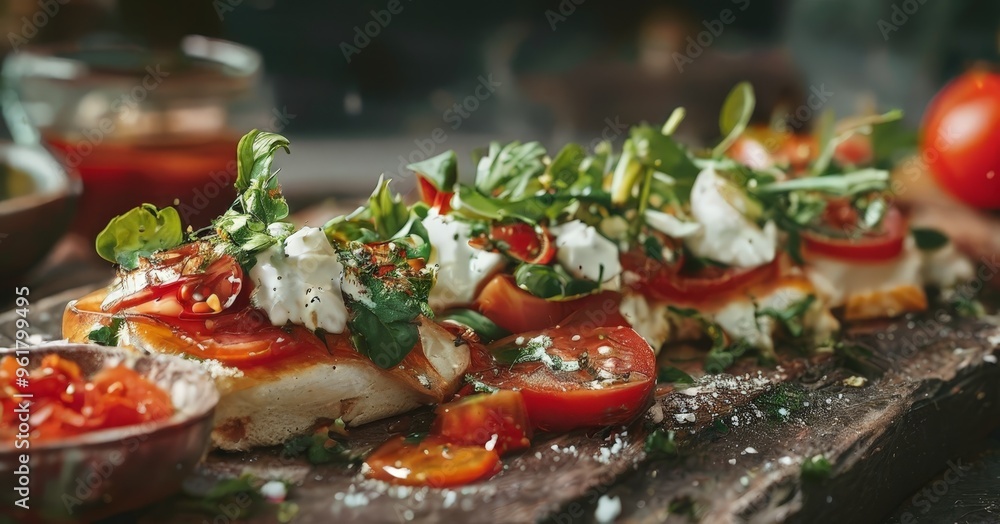 wooden cutting board topped with piece bread tomatoes, mozza, and fe wooden cutting board topped with piece bread tomatoes, mozza, and fe