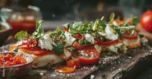 wooden cutting board topped with piece bread tomatoes, mozza, and fe photo