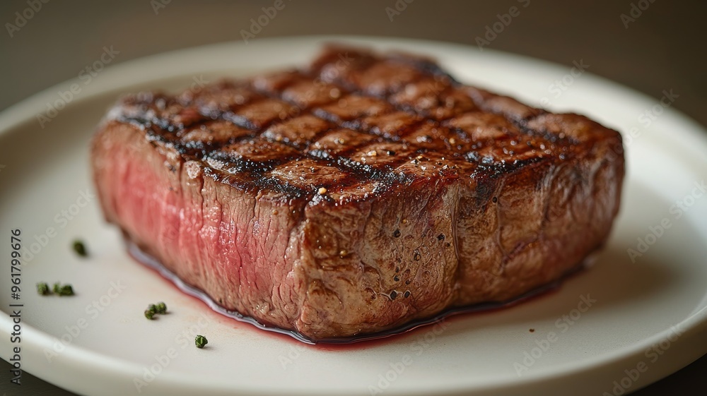 A perfectly cooked steak, showing the marbling and texture of the meat, placed on a clean white plate with a few grill marks A perfectly cooked steak, showing the marbling and texture of the meat, placed on a clean white plate with a few grill marks