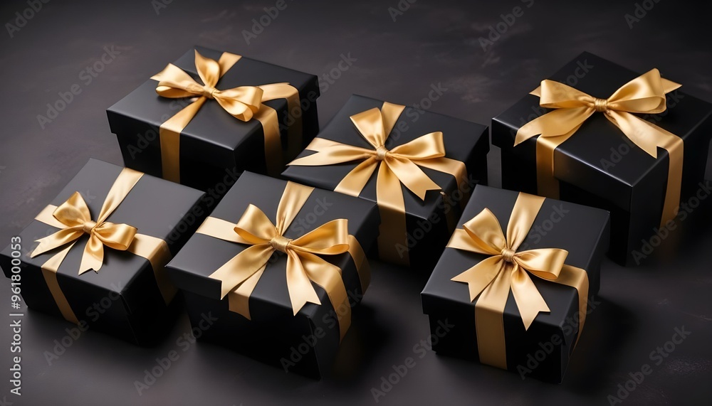 Black gift boxes with golden bows on a dark background. Black gift boxes with golden bows on a dark background.