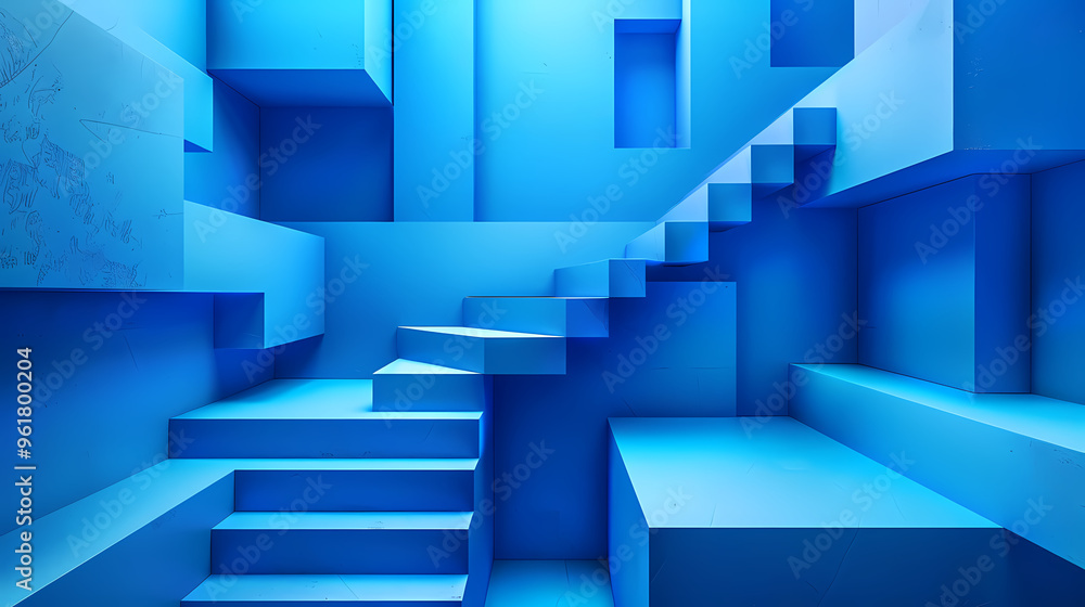 Geometric blue stairs in paper cut style, Squid game,photostock style Geometric blue stairs in paper cut style, Squid game,photostock style