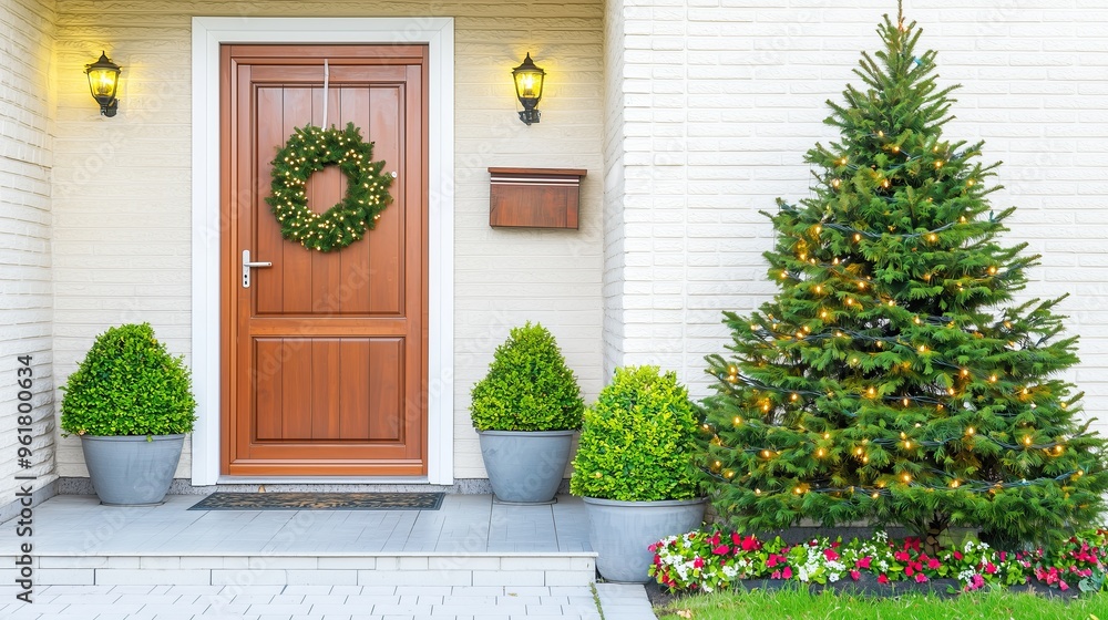 Naklejka premium festive front door with wreath lit Christmas tree beside it