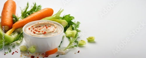 white bowl filled with dip surrounded by carrots and celer photo