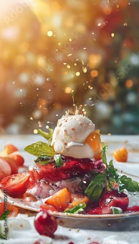 plate with salad on it and small piece ice cream