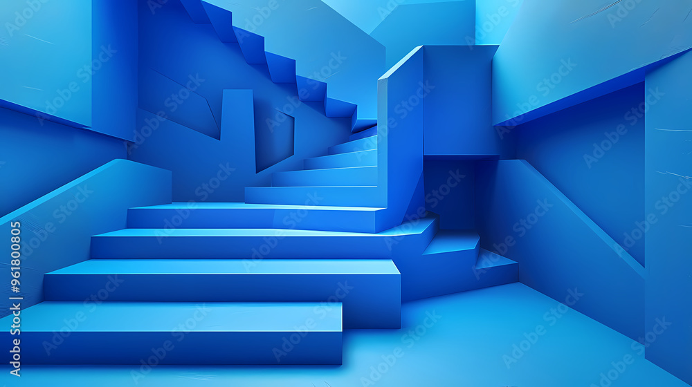 Geometric blue stairs in paper cut style, Squid game,photostock style Geometric blue stairs in paper cut style, Squid game,photostock style